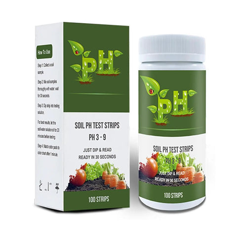 Ultimate Soil pH Tester Strips Kit 3 To 9 Range With 100 Strips box and bottle packaging