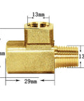 Side view of brass street tee three way NPT pipe fitting adapter with one quarter inch female ends and one quarter inch male end for plumbing.