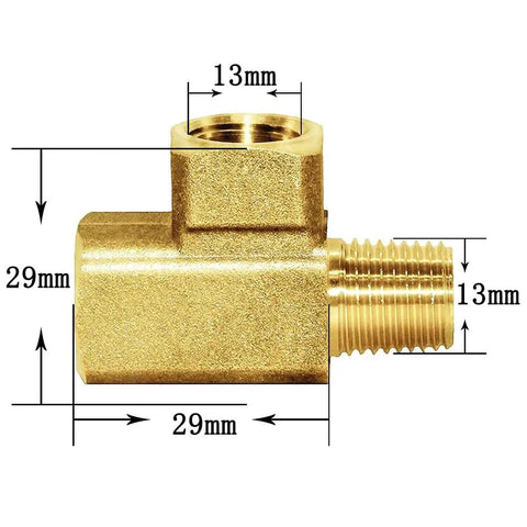 Side view of brass street tee three way NPT pipe fitting adapter with one quarter inch female ends and one quarter inch male end for plumbing.