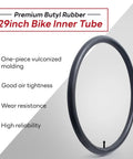 Everyday Durable 29 Inch Bike Inner Tube 29x2.125 To 2.40 With AV32mm Schrader Valve Replacement shown with features list