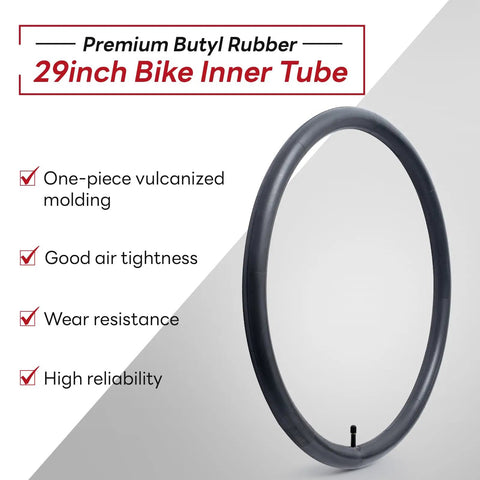 Everyday Durable 29 Inch Bike Inner Tube 29x2.125 To 2.40 With AV32mm Schrader Valve Replacement shown with features list