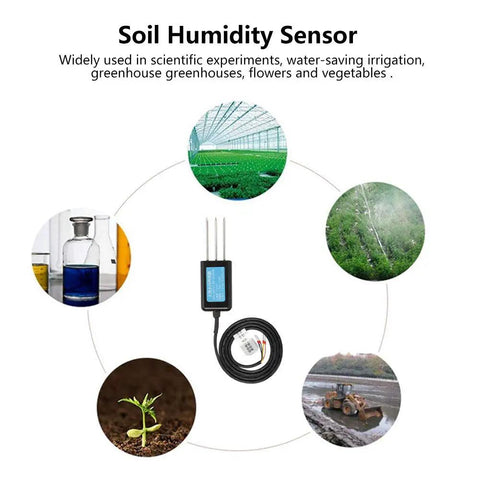 Capacitive Soil Moisture Sensor With 0-10V Output Waterproof Probe for greenhouse use and plant care shown with application images