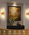 Solid Gold Battery Operated Wall Sconces Set Of Two Dimmable Rechargeable Modern Brushed Metal With Tempered Glass Shade on wall.