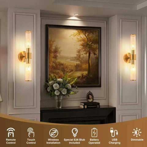 Solid Gold Battery Operated Wall Sconces Set Of Two Dimmable Rechargeable Modern Brushed Metal With Tempered Glass Shade on wall.