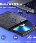 Ultra Slim External CD DVD Drive For Laptop And Desktop, 8 In 1 USB Three Point Zero Portable CD Burner, Easy Plug And Play Optical Drive Compatible With Mac Windows Linux, Power Cable Included For Reliable Performance. Slim black USB 3.0 Type-C DVD drive with disc tray open