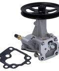 Brake vacuum pump with black pulley and gasket on gray housing, front view