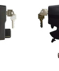 Tough As Nails Heavy Duty Diecast Metal Key Lockable Gate Latch Two Sided Gravity Design With Matching Keys Black Zinc Finish Pack Of 2 Includes All Fasteners Quick Setup, showing two latches with keys.