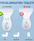 Illustration of Premium Elongated Electric Bidet Toilet Seat fitting on elongated toilets with measurements and compatibility details.