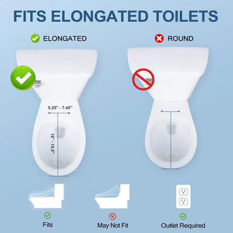 Illustration of Premium Elongated Electric Bidet Toilet Seat fitting on elongated toilets with measurements and compatibility details.