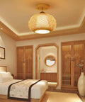 Bamboo Cage Ceiling Light in Wood Finish, Rural Style Pendant in bedroom, Semi Flush Mount Fixture, ambient lighting, 14 Inch