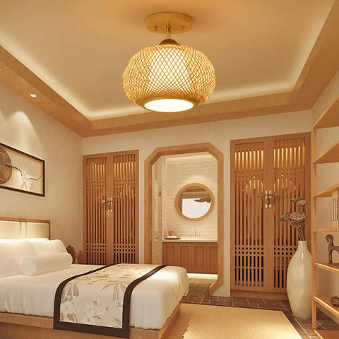 Bamboo Cage Ceiling Light in Wood Finish, Rural Style Pendant in bedroom, Semi Flush Mount Fixture, ambient lighting, 14 Inch
