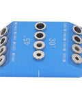 Knockout Accuracy Drill Guide Jig For 30 45 90 Degree Angles Rock Solid Aluminum Alloy Woodworking Clamp, blue jig with holes.