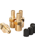 Top Shelf 4 Pack 1/4 Inch NPT Male Thread Brass Tank Valve With Standard Valve Core And Sealing Caps For Air Compressor Inflation Vessel Filling Solid Brass Build Keeps Airtight No Leaky Junk, showcasing brass valves and black caps.