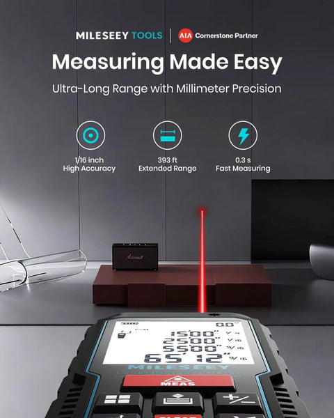 Digital Laser Tape Measure With 393ft Range And Upgraded Electronic Angle Sensor displaying measurements in a room.