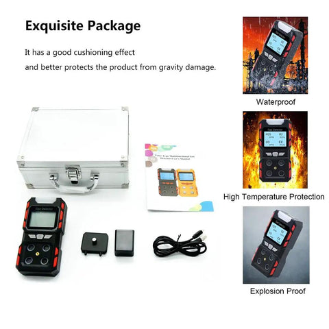 4 Gas Detector For H2S O2 CO And EX Portable Visual Gas Monitor With LCD Display shown with case and accessories