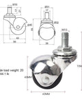 Heavy Duty Universal Ball Bearing Swivel Furniture Casters With 1.5 Inch Screw Stem And Tough Pvc Roller Wheels rendering with dimensions and specifications.