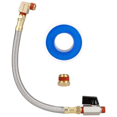 Extended Tank Drain Kit With 10 Inch Braided Steel Hose, One Quarter Inch Drain Valve And Elbow Fitting For Air Compressors