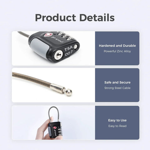 TSA Approved Cable Luggage Locks 3 Digit Combination Padlocks For Suitcases And Bags with zinc alloy and steel cable