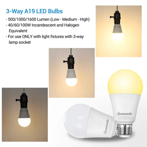 Three Way LED A19 Light Bulbs With 40 60 100W Equivalents, E26 Base, 2700K Warm White, glowing in lamp socket setup