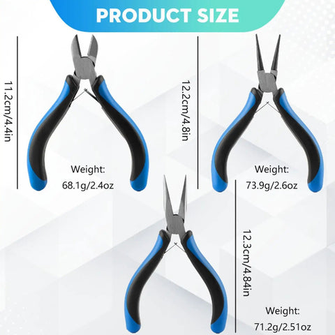 Three Piece Pliers Set for DIY Jewelry Making and Repairs With Carbon Steel Build, Sturdy Lightweight Tools and Non Slip Grips, Easy to Use Crafting Kit for Cutting, Bending, Wire Trimming, size chart
