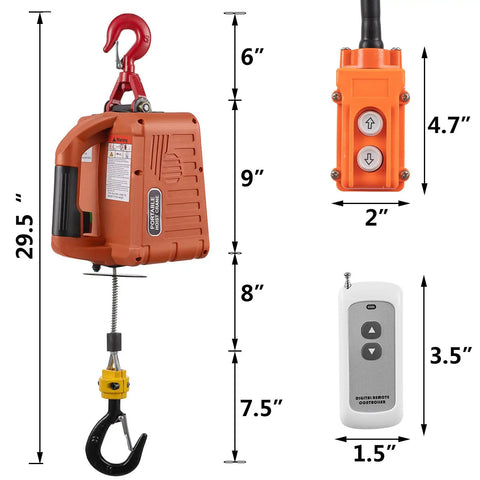 Top Rated Leomru 1100 Lb Electric Hoist Winch with Remote Control showing dimensions and features for towing heavy loads.