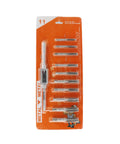 Essential 11 Piece Tap And Die Set For Creating Metal Threads Professionally Perfect For Hobbyists With M10x1.25 Specs To Keep Your Projects Moving Smoothly Without Any Hassle. 11-piece metal tap set with wrench in orange packaging