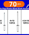 All In One Aluminum Blind Rivets Kit With Dome Head Pop Rivets In M3.2 M4 And M4.8 5 Set Assortment For Quick Heavy Duty Fixes And A Strong Vibration Resistant Hold, 70 pcs sizes