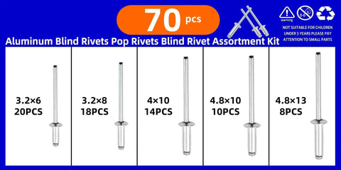 All In One Aluminum Blind Rivets Kit With Dome Head Pop Rivets In M3.2 M4 And M4.8 5 Set Assortment For Quick Heavy Duty Fixes And A Strong Vibration Resistant Hold, 70 pcs sizes