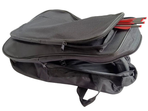 Camo Padded Carrying Bag For Mini Striker Crossbow With Shoulder Strap Durable Pistol Crossbow Case Front Ammo Pocket 17 Inch By 18 Inch 6x12 Exterior Pocket With Zipper Inside Pocket featuring arrows in zippered compartment.