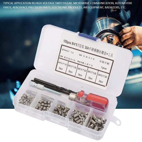 105 Piece Stainless Steel Threaded Inserts Repair Kit Helicoil Style Wire Inserts Installation Set DIY Friendly For Aluminum And Other Metals M4 X 0.7 Thread Size Includes Easy Install Tools, shown open with inserts and tools visible.