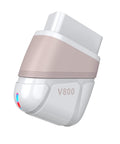 Close-up of Bluetooth OBD2 Scanner For iPhone And Android With Free App, V800 model with white and beige design, angled view.