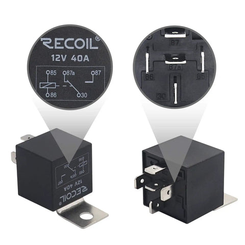 Two Pack 12V Automotive Five Pin SPDT Relays With Interlocking Relay Sockets And Inline ATC Fuse Holders High Current Thirty And Forty Amp Bosch Style Prewired Leads For Easy Plug And Play Setup Twelve Inch front and side view