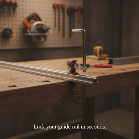 Quick-Action Ratchet Track Clamp For Guide Rails holding aluminum rail on workbench, Chrome Vanadium Steel, tool-free.