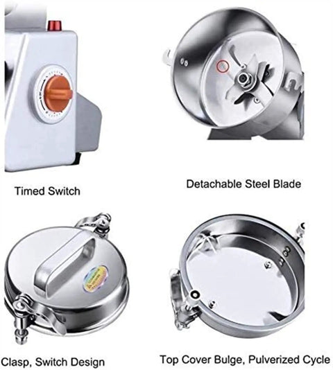 Electric Grain Grinder With Stainless Steel Body, Safety Upgraded, High Speed Spice Mill components including blade and switch