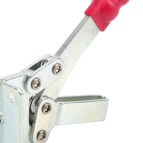 GH-203-P Vertical Handle Clamp With 499.4 Lbs Clamping Force For Carpentry And Welding, Beefy Weld Clamp For Fittings And Test Runs, Delivers Secure Grip And Stable Hold. vertical steel toggle clamp with red handle, side view