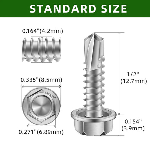 Number Eight Hex Washer Head Self Drilling Screws For Sheet Metal Self Tapping 410 Stainless Steel Bright Finish size diagram
