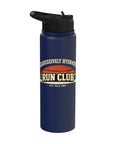 Aggressively Hydrated Run Club Stainless Steel Insulated Water Bottle With Retro Rainbow Graphic on navy blue bottle