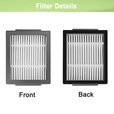 Front and back view of filters from Robot Vacuum Replacement Parts Kit for iRobot Vacuum Models I7 Plus I7 I3 Plus I3 I4 I6 I8 Plus E5 E6 E7 J7 J7 Plus I5 J5 Plus Includes 2 Roller Brushes 8 Filters and 8 Side Brushes