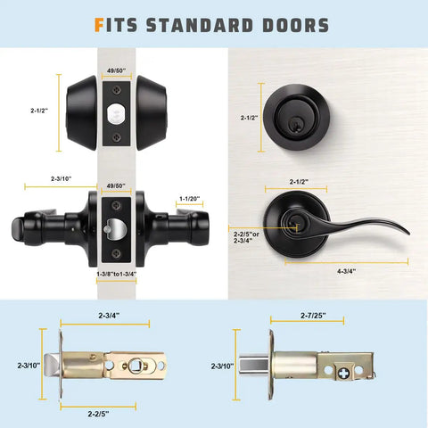Two Pack Keyed Entry Door Lever Handle With Lock And Key Exterior Door Lock Set Double Keyed Deadbolt Matte Black Finish