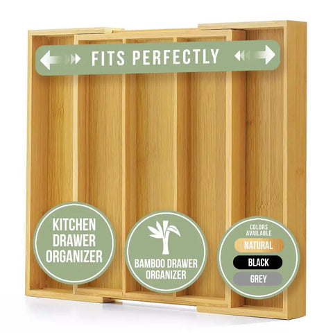 Expandable Bamboo Kitchen Drawer Organizer For Utensils And Flatware, 3 To 5 Slots, Cutlery Tray That Grows To Fit Large Drawers Up To 19.75 Inches, Durable Bamboo Silverware Organizer