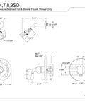 Technical diagram of Magellan Shower Valve Only in Polished Chrome, Solid Brass Construction, Pressure Balanced specifications.
