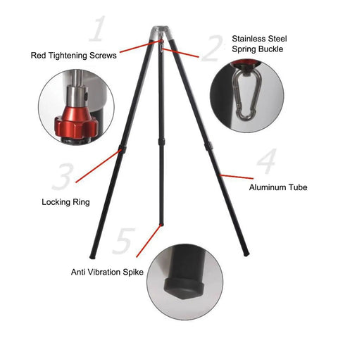 Ergonomic Telescope Mount Stand With Two Section Tripod And Three Eighths Inch Interface, showing parts and features like red tightening screws and aluminum tube.