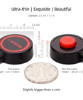 12V Air Horn Wiring Kit For Cars, Trucks And Boats With Button Switch, black buttons with red detail next to a coin, size comparison.