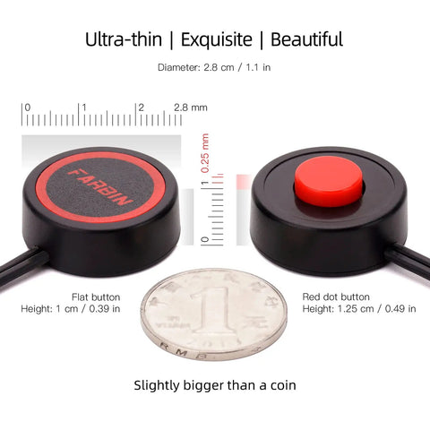 12V Air Horn Wiring Kit For Cars, Trucks And Boats With Button Switch, black buttons with red detail next to a coin, size comparison.