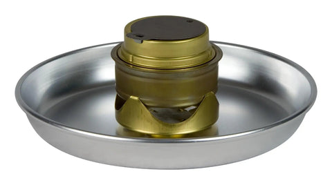 Winter Stove Kit With Spirit Burners Alcohol Stove, preheater cup, and aluminum plate for cold weather outdoor cooking.
