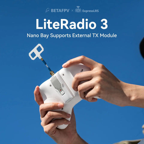 Person holding LiteRadio 3 Remote Control Transmitter With Nano Bay For External TX Module And FPV Simulator Configurator