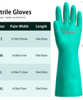 Badass Heavy Duty Nitrile Chemical Resistant Gloves Two Pair Medium Latex Free With Rock Solid Non Slip Grip And 15 Mil Thick Armor Against Oils Acids Or Serious Household Chores size chart showing palm width and length for sizes S, M, L, XL.