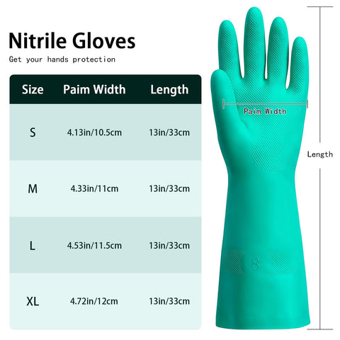Badass Heavy Duty Nitrile Chemical Resistant Gloves Two Pair Medium Latex Free With Rock Solid Non Slip Grip And 15 Mil Thick Armor Against Oils Acids Or Serious Household Chores size chart showing palm width and length for sizes S, M, L, XL.