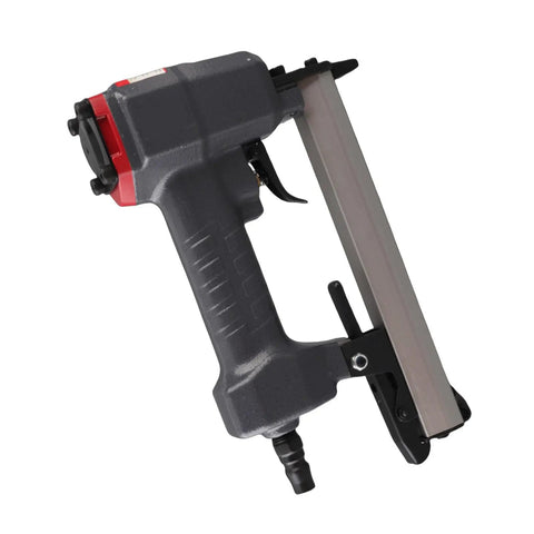 Heavy Duty 18 Gauge Pneumatic Brad Nailer For Carpentry And J Nail Compatibility Featuring Built In Viewing Window Plus Quick Release Nose Latch.