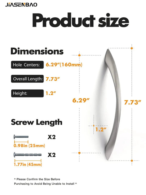 Product dimensions of 10 Pack Brushed Nickel Cabinet Pulls 6.3 Inch Arch Twisted Silver Handles with screws included.